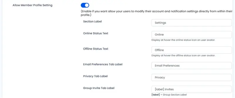 users manage their own profile preferences like visibility, email notifications, online status, and group invite settings