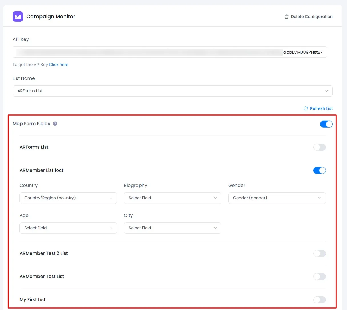 ARMember Campaign Monitor Form Map