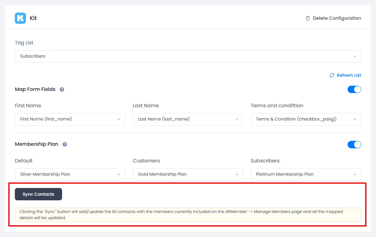 ARMember sync contact general settings Screen