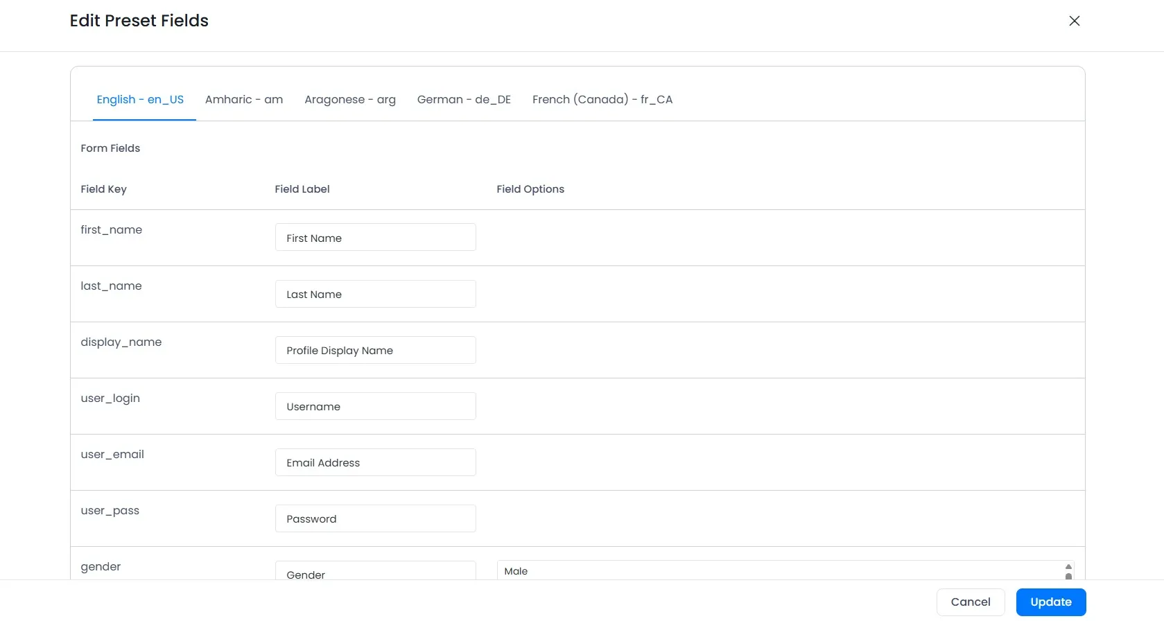 Multi Language Preset Fields