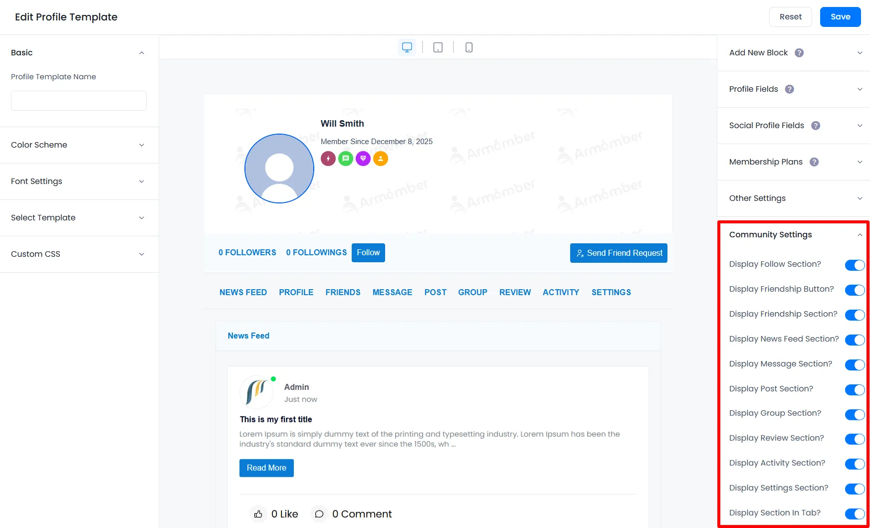 ARMember Profile Community Settings
