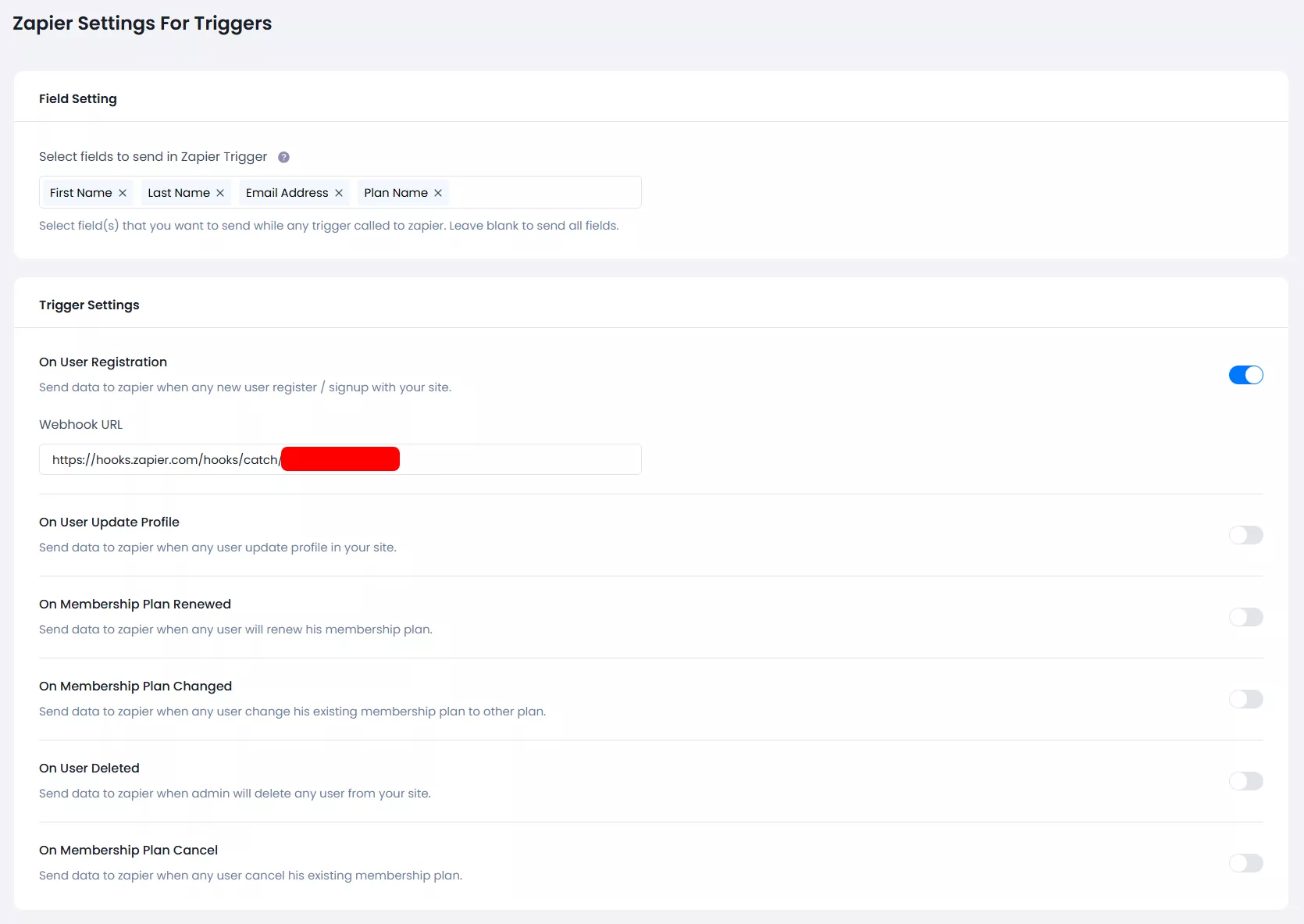 Display Zapier trigger section