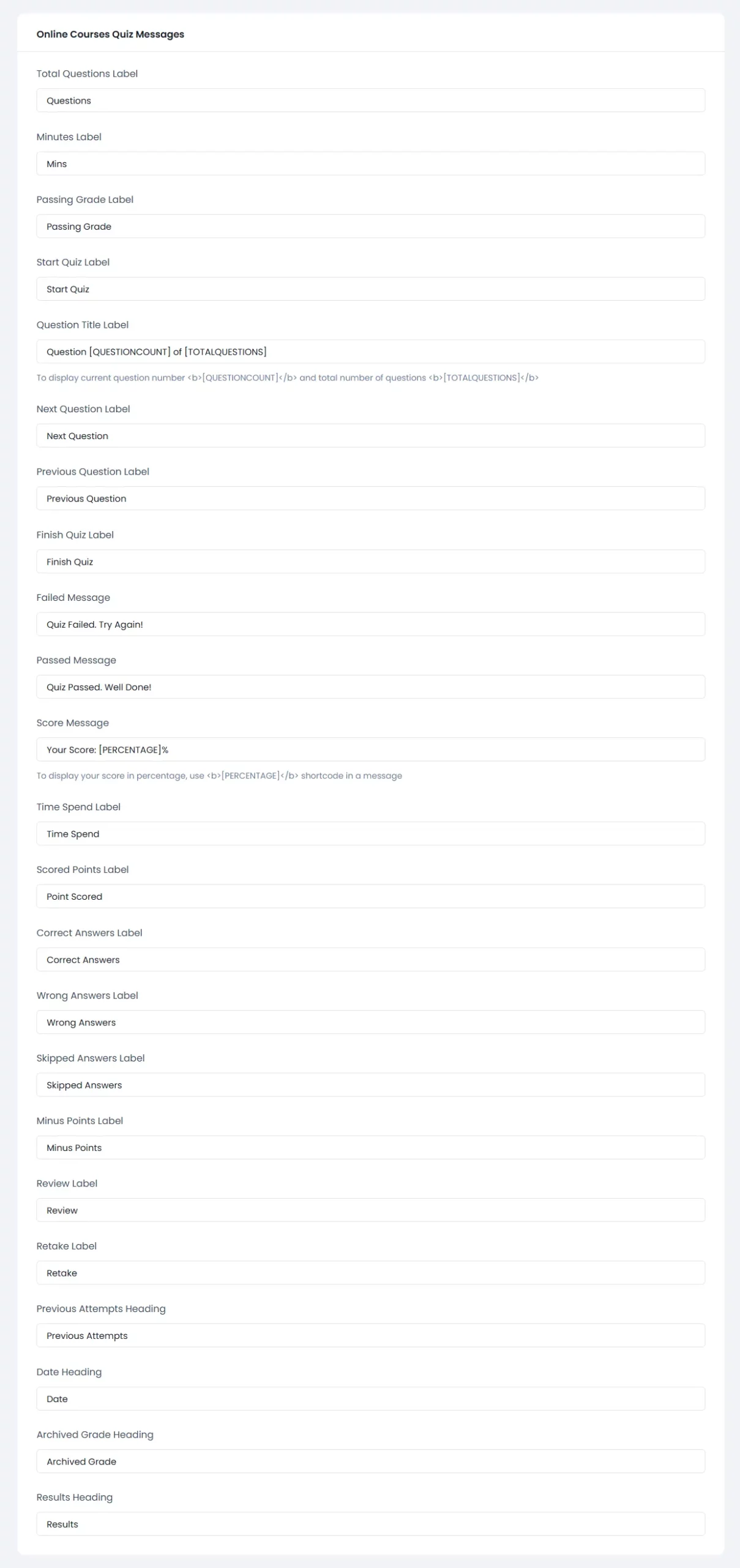 Online Course Quiz Common Messages