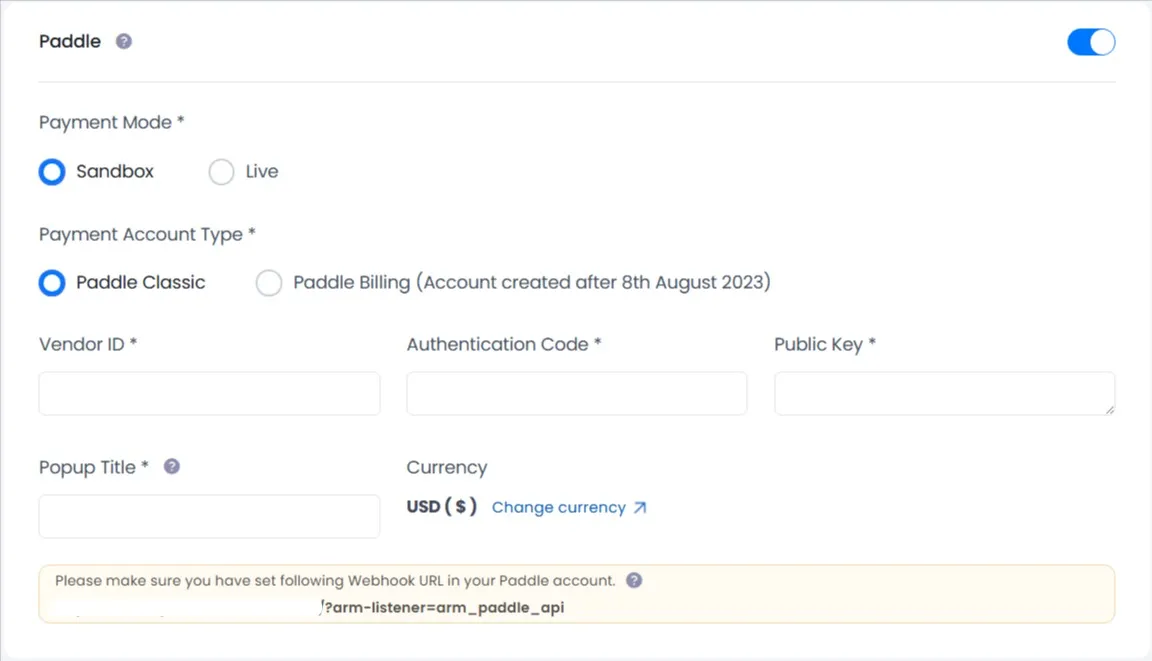 Paddle payment gateway configuration