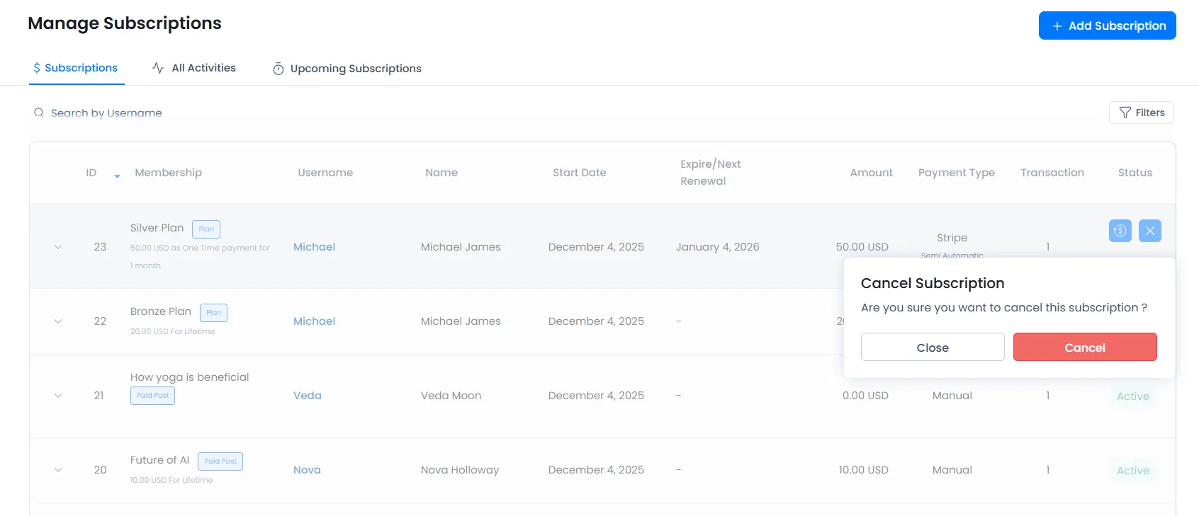 Manage Subscriptions