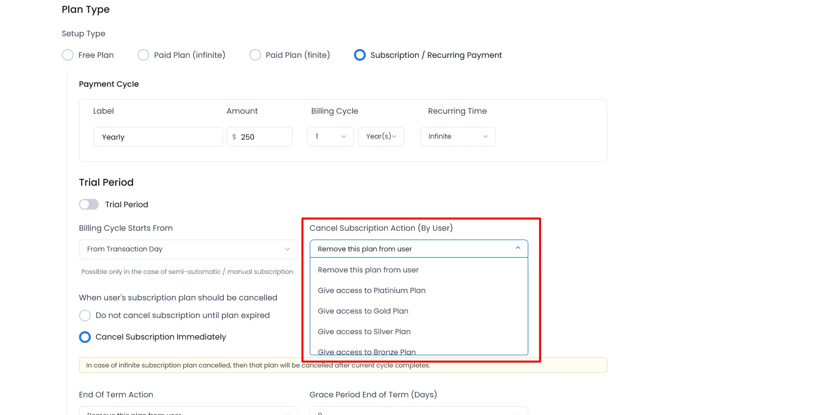 cancel subscription action