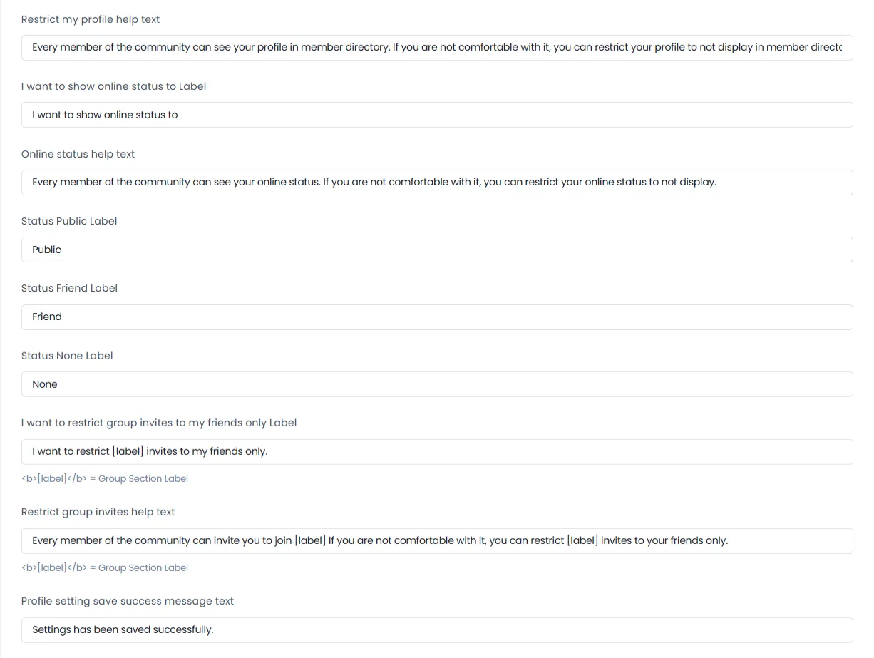 Profile settings fields community