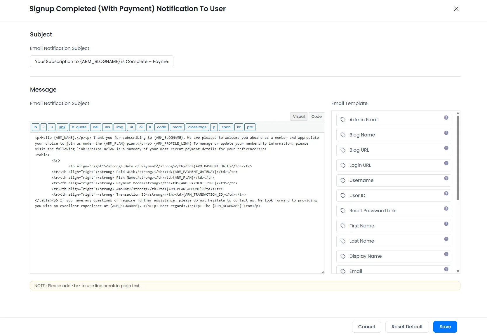 Edit Standard Email Template
