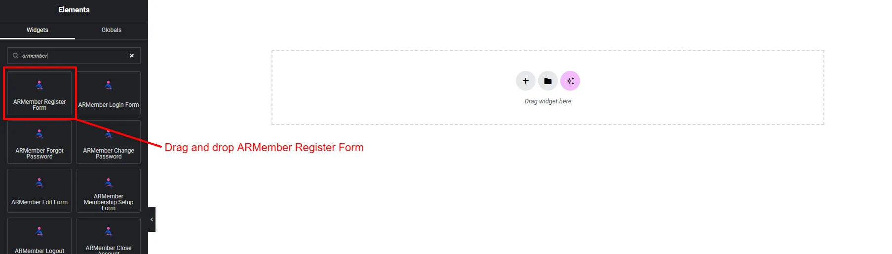 ARMember Register Form Widget on Elementor