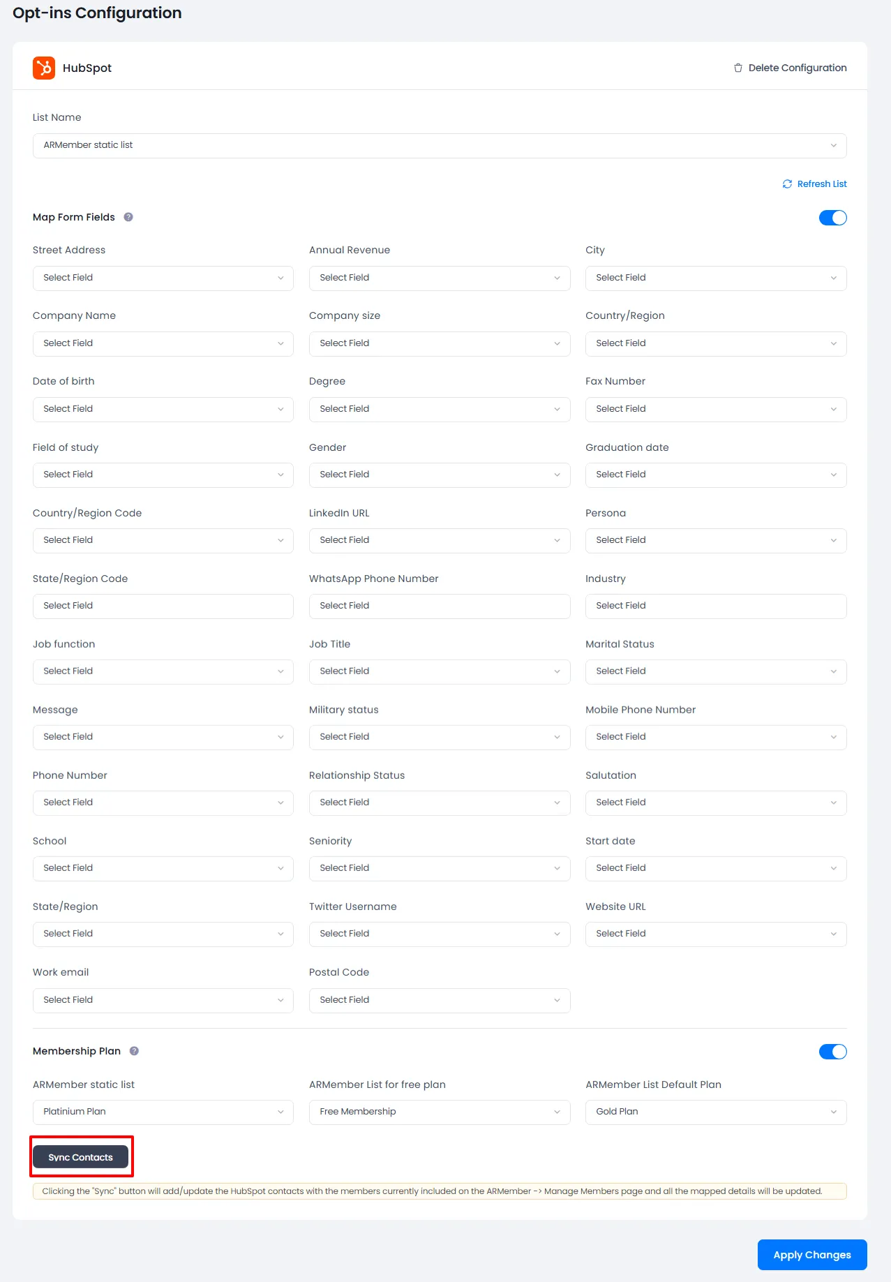ARMember sync contact general settings Screen