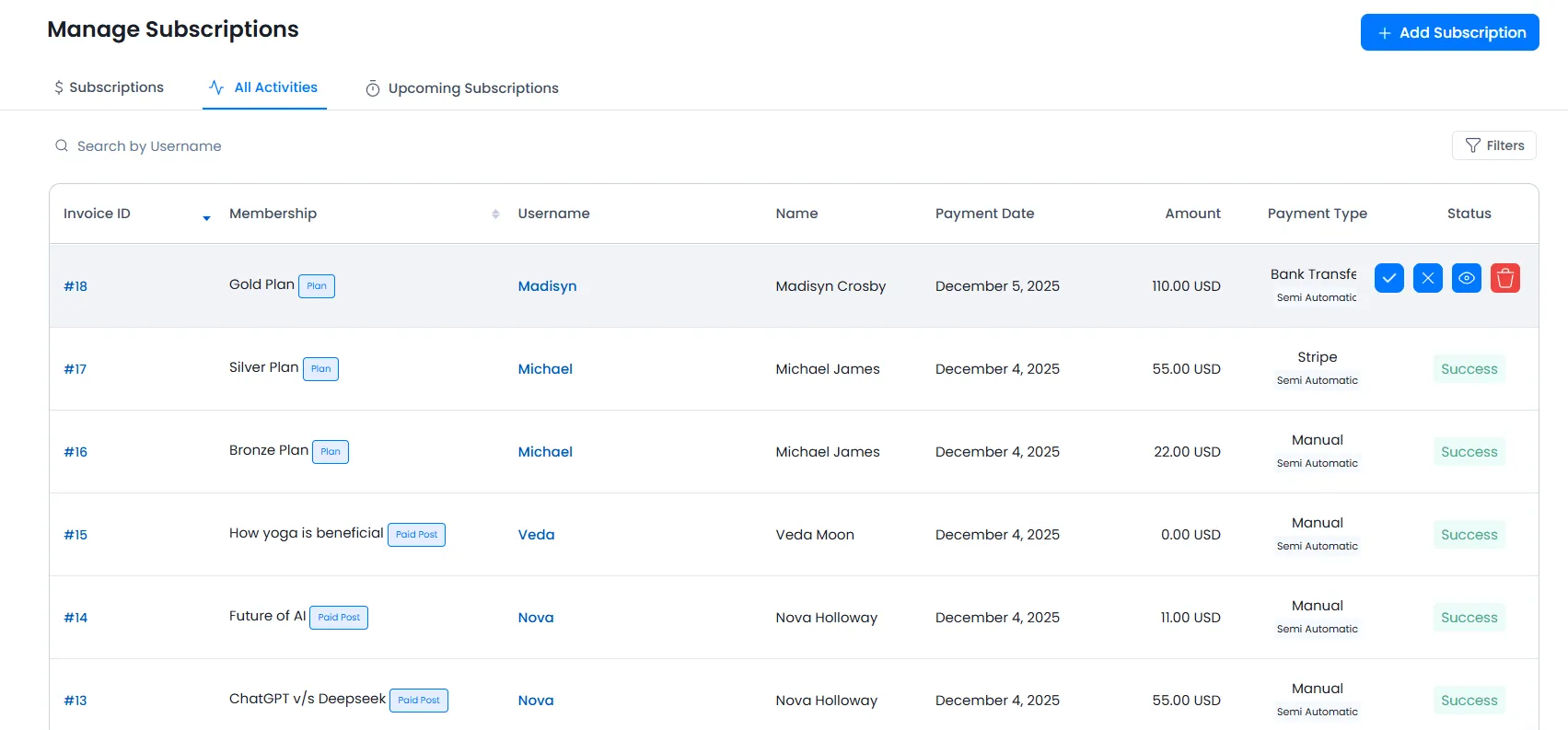Manage Subscription approve/reject Bank Transfer Payment