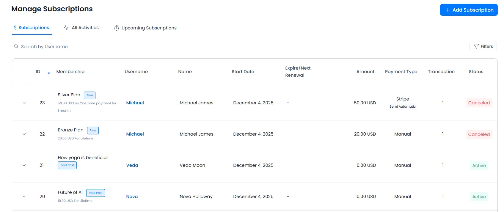 Manage Subscriptions