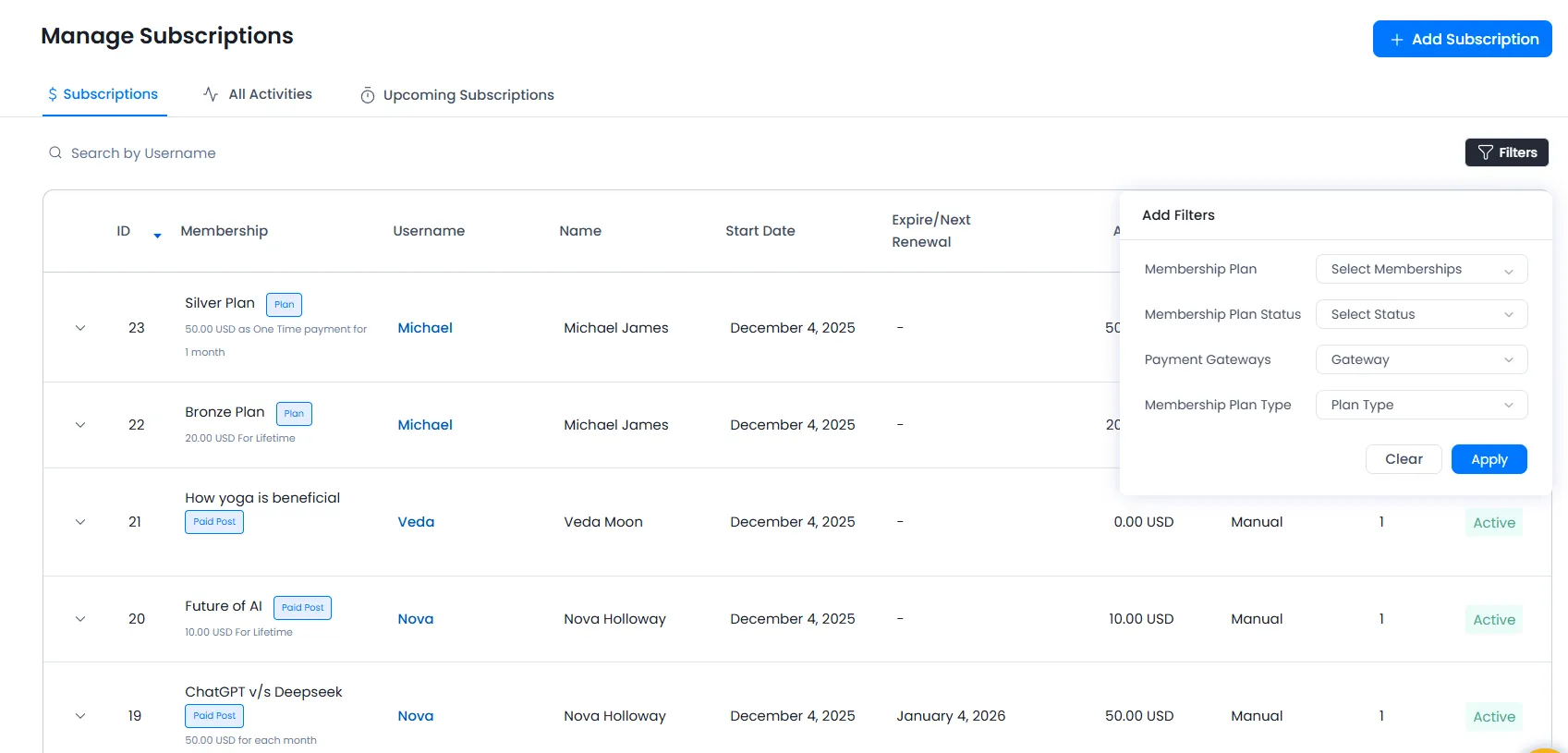 Manage Subscriptions