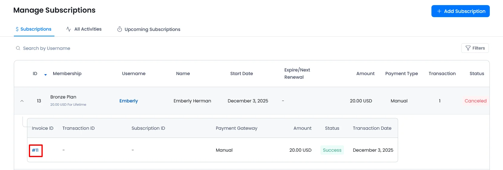 ARMember - Invoice Manage Subscriptions