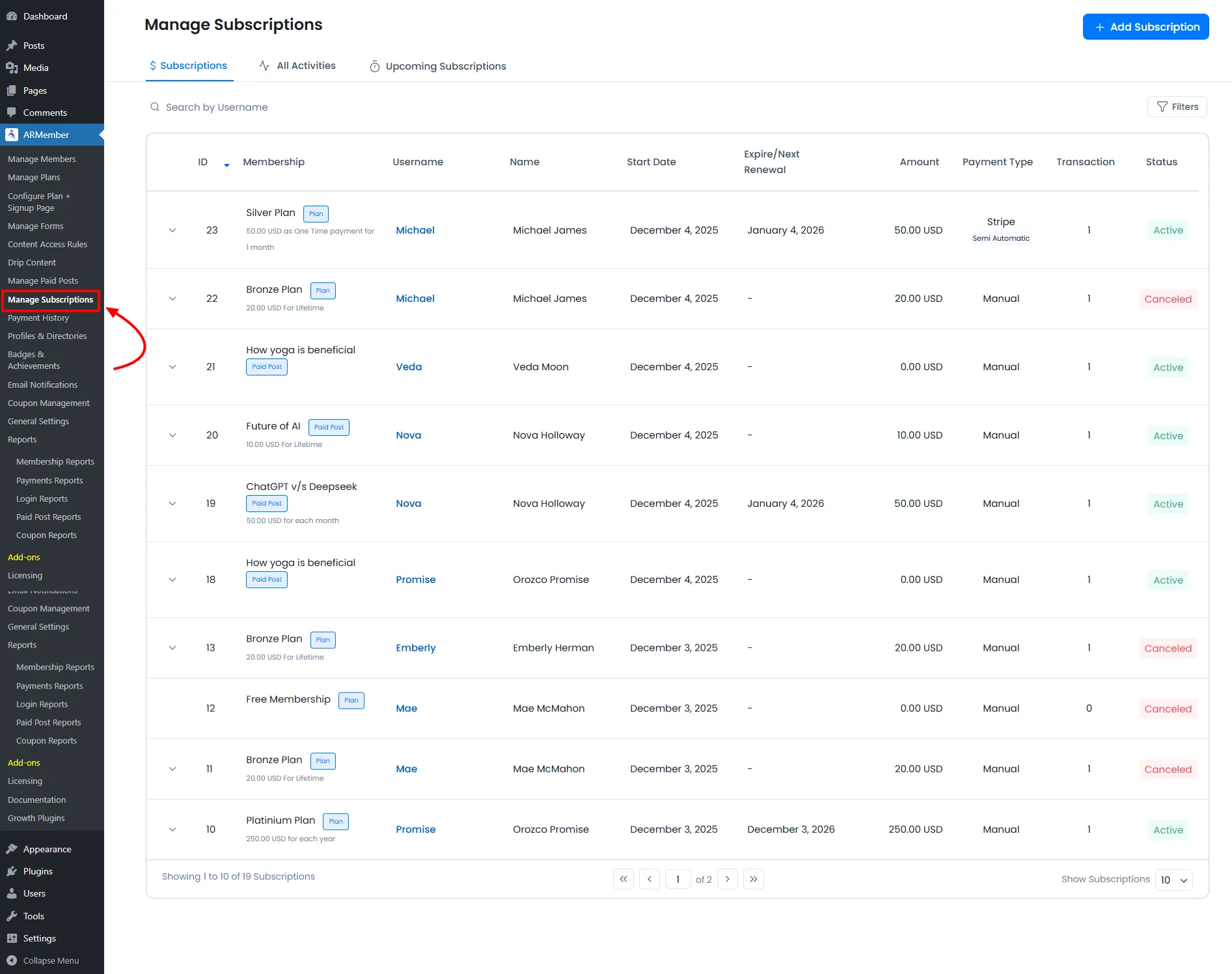 Manage Subscriptions