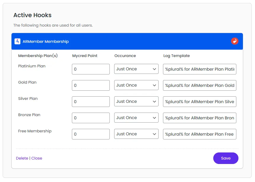ARMember myCRED Hooks Form Settings