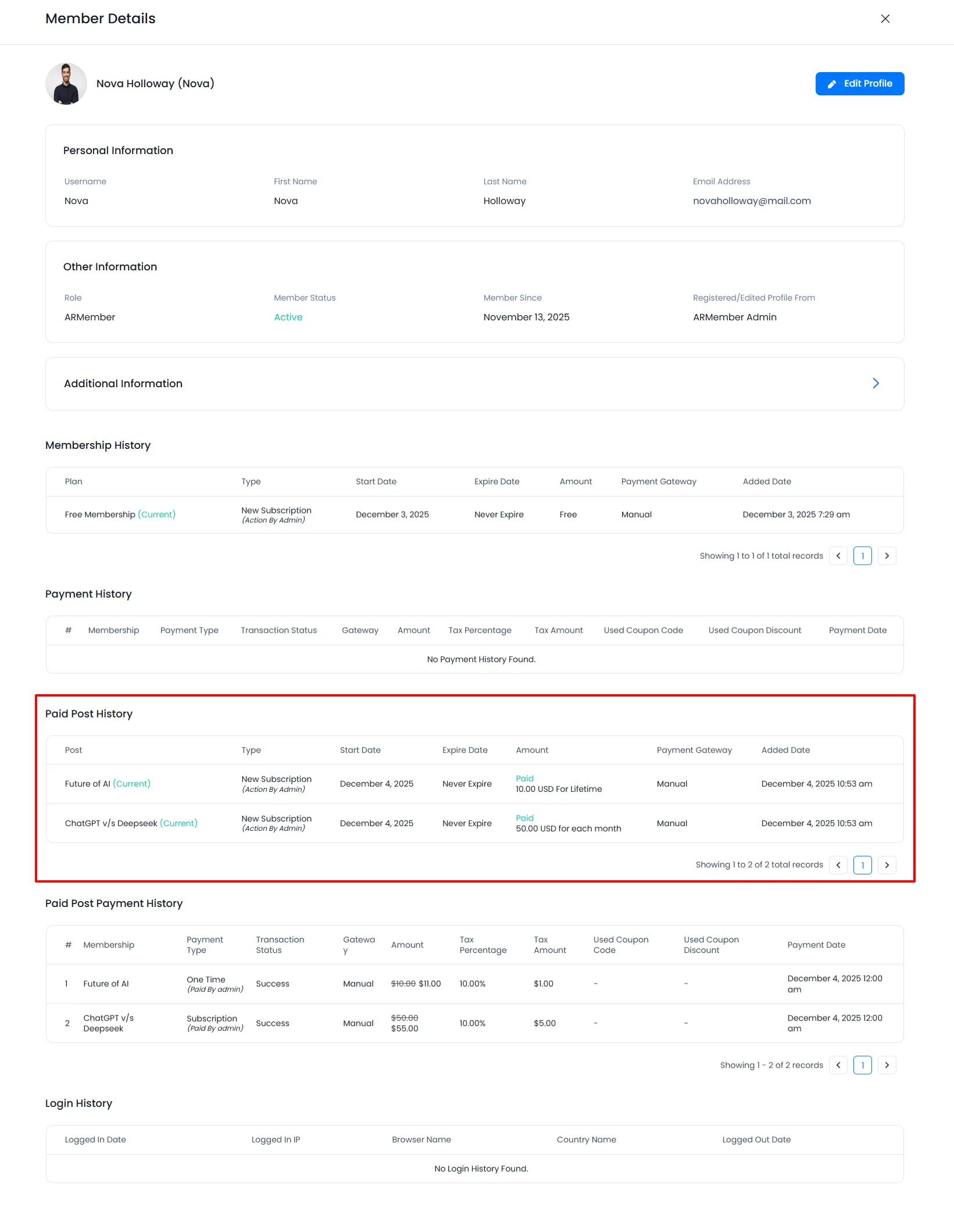 ARMember Paid Post at Front-End side ARMember Paid Post History Admin