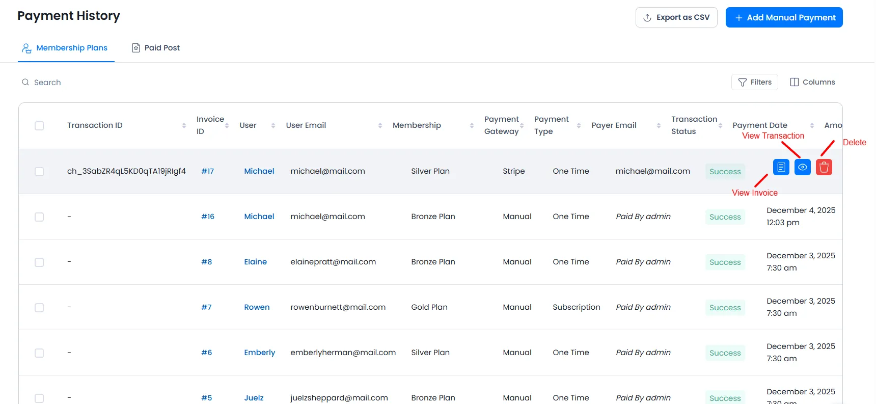 Payment History view transactions