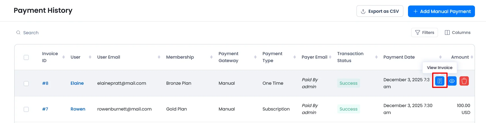 ARMember - Invoice Payment History