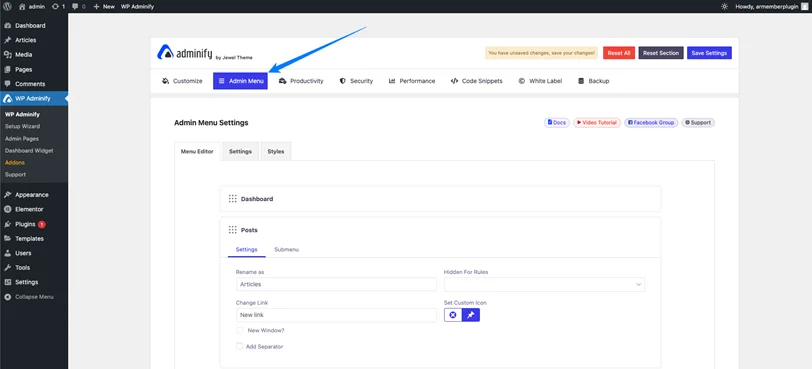 admin menu editor by WP Adminify
