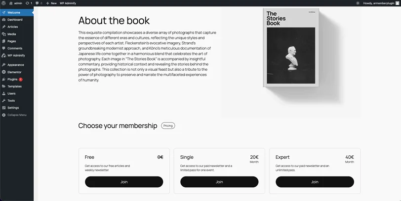 custom welcome admin page in wordpress