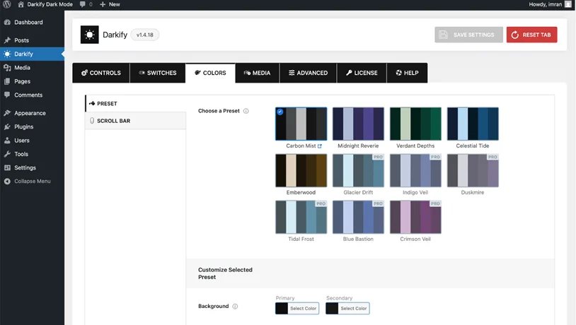 darkify dark mode colors setting