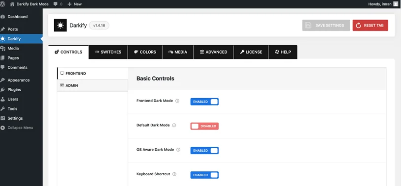 darkify dark mode controls setting