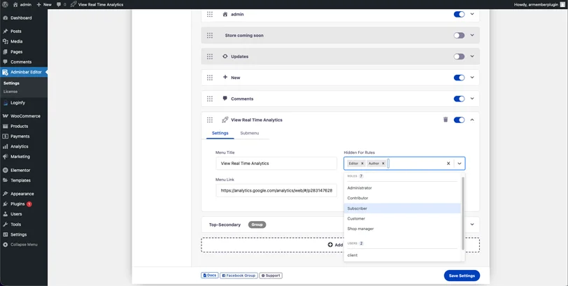 hide admin bar items for specific user role