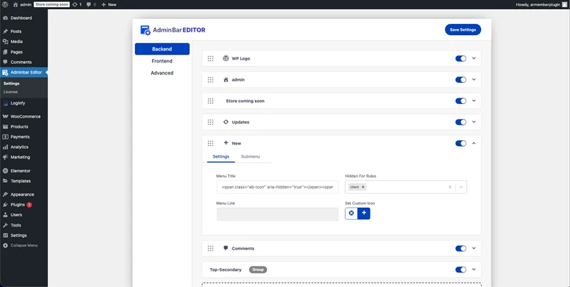 reorder and hide admin bar items