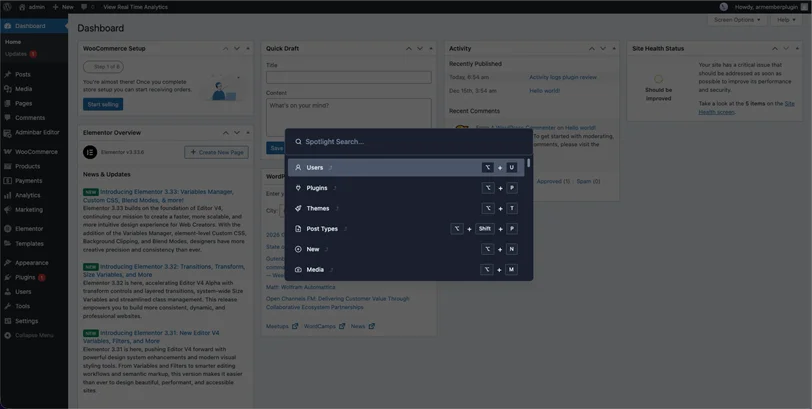 wp spotlight search in wordPress dashboard