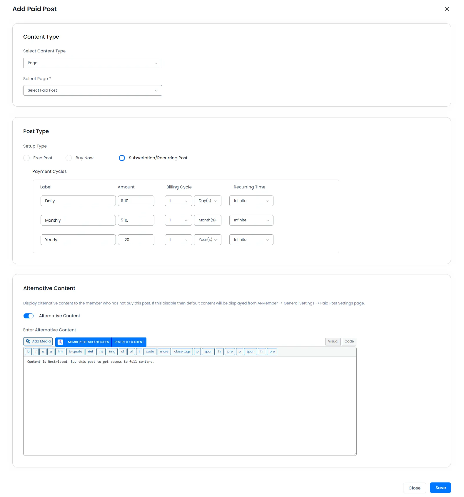 ARMember to add paid posts