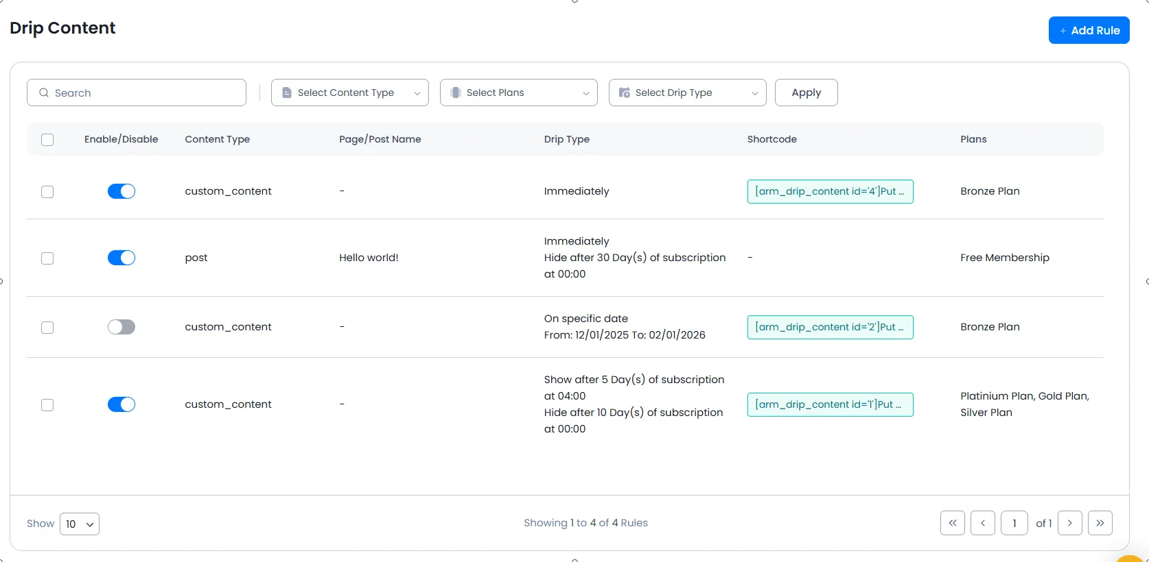 ARMember_drip_rules_list