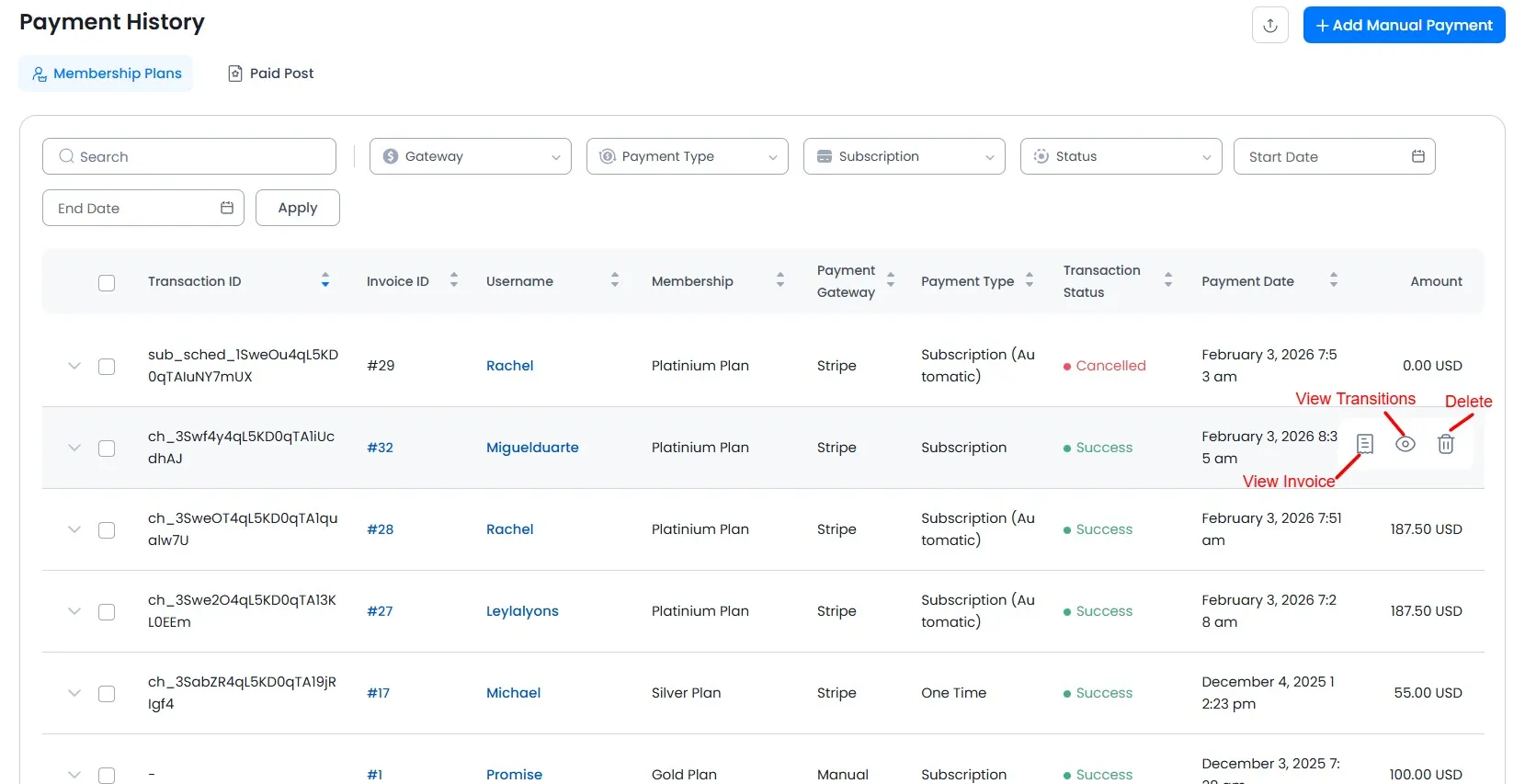 Payment History view transactions
