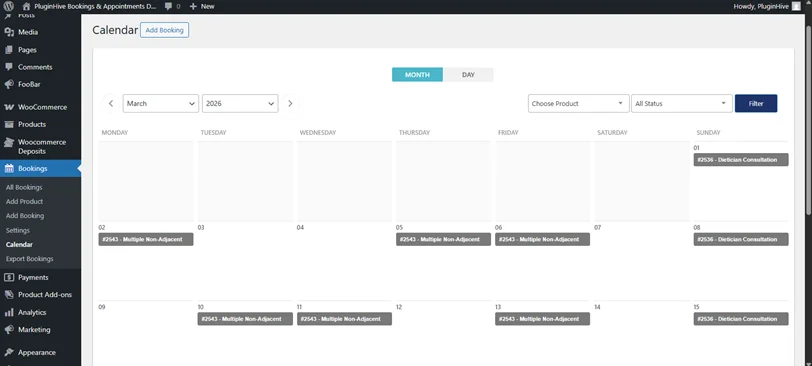 bookings and appointments for woocommerce calendar view