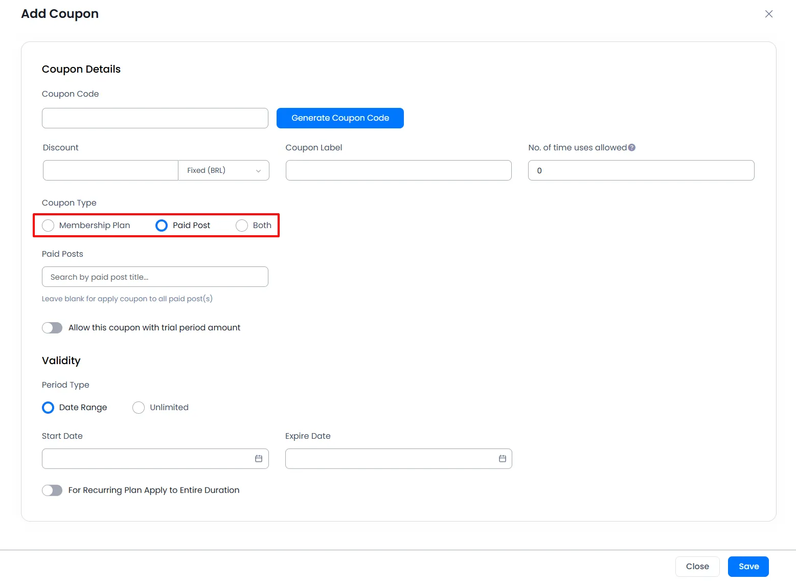 ARMember - Coupon Type selection for coupon code Paid Post and membership plan ARMember - Paid Post Coupon Code