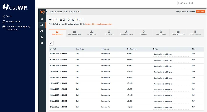 hostwp backups history
