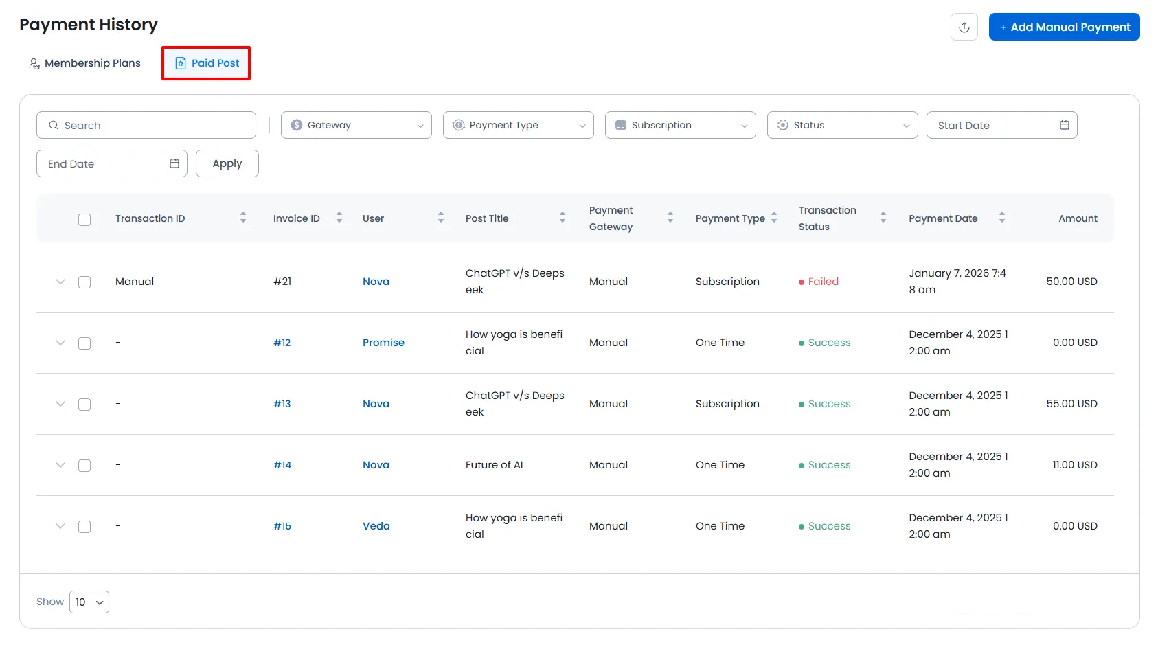 ARMember add new Paid Post ARMemberPaid Post Payment History