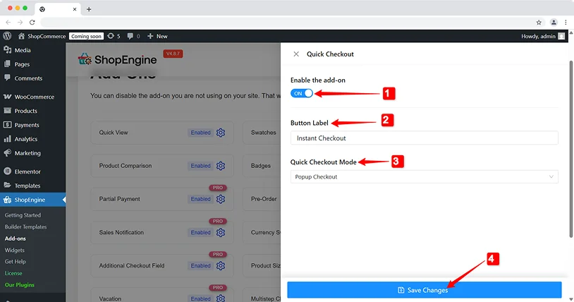 quick checkout mode settings in shopengine
