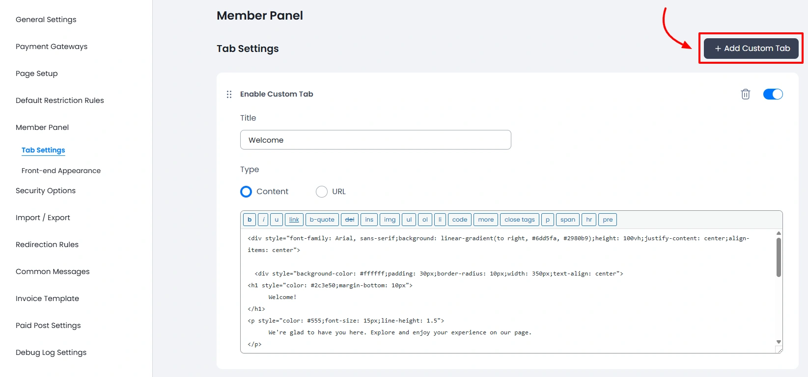 ARMember Add Custom Tab