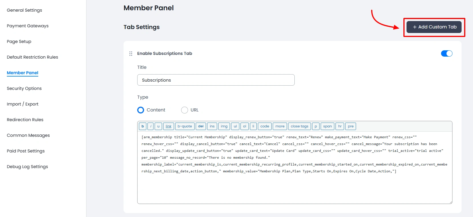 ARMember Add Custom Tab