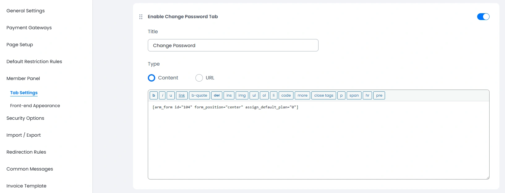 ARMember Member Panel Change Password Tab