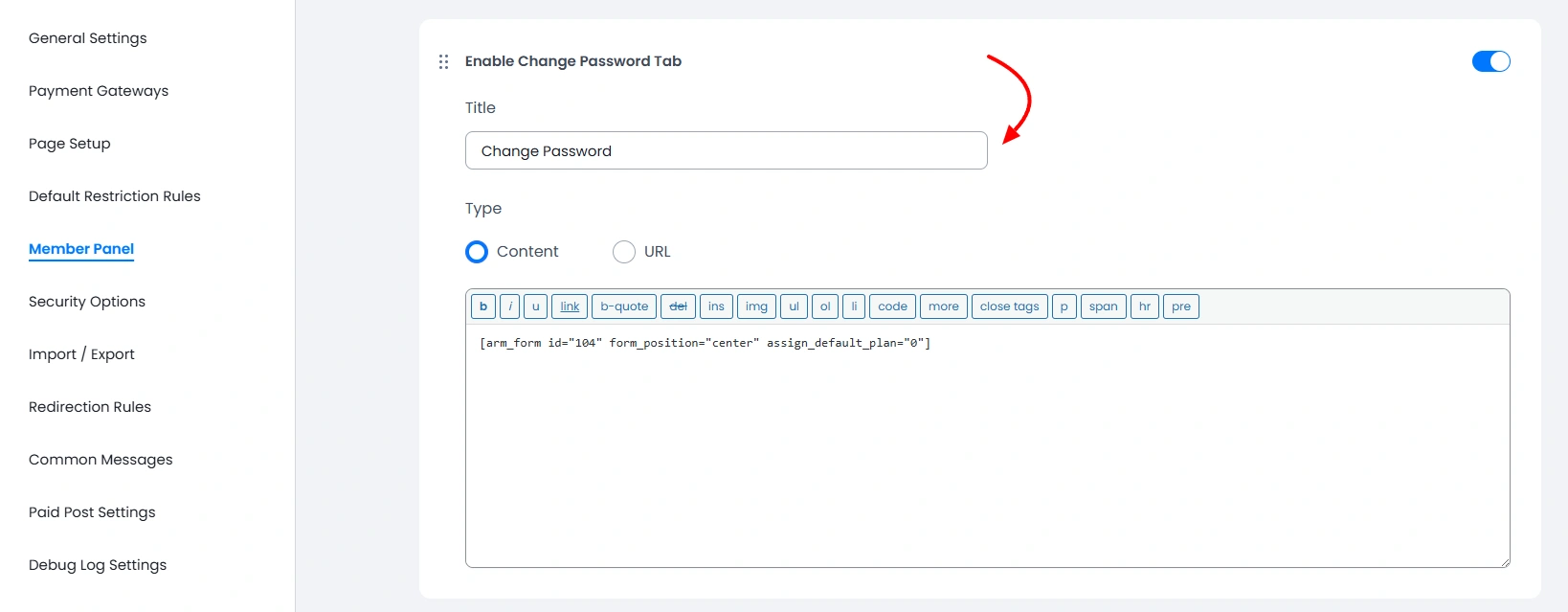 ARMember Member Panel Change Password Tab