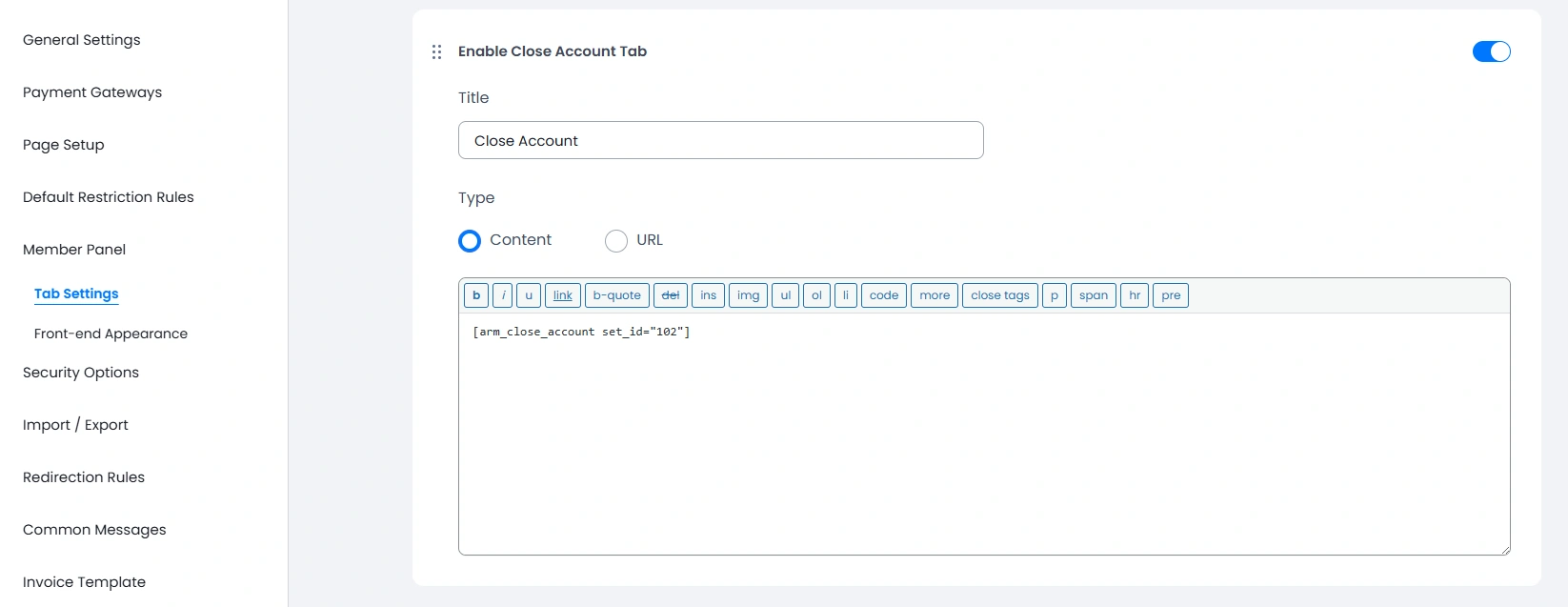 ARMember Member Panel Close Account Tab