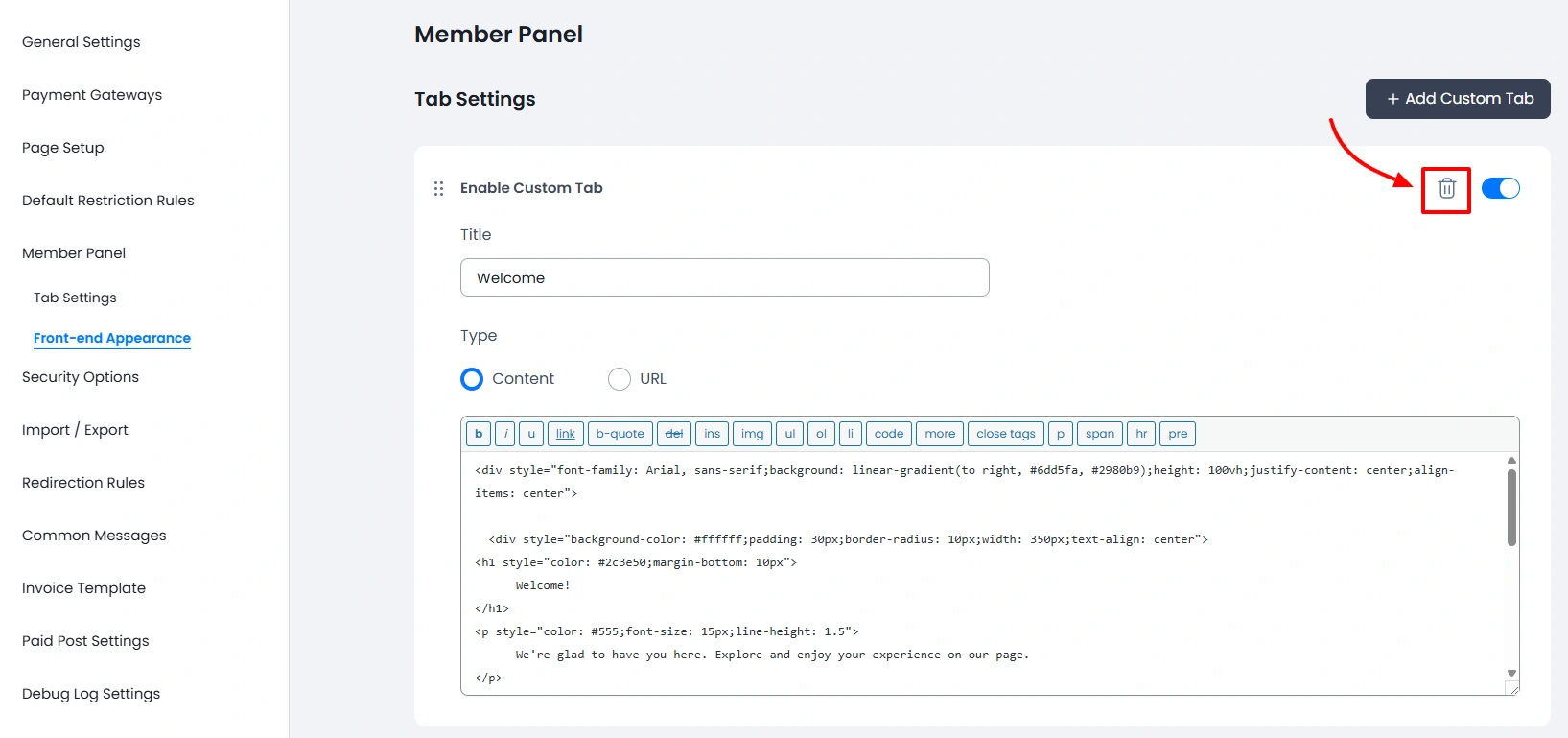 ARMember Delete Custom Tab