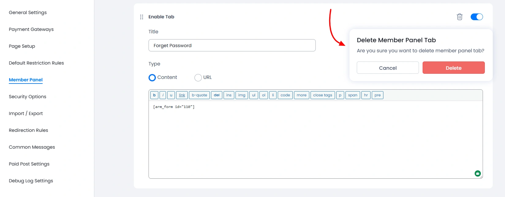 ARMember Delete Custom Tab