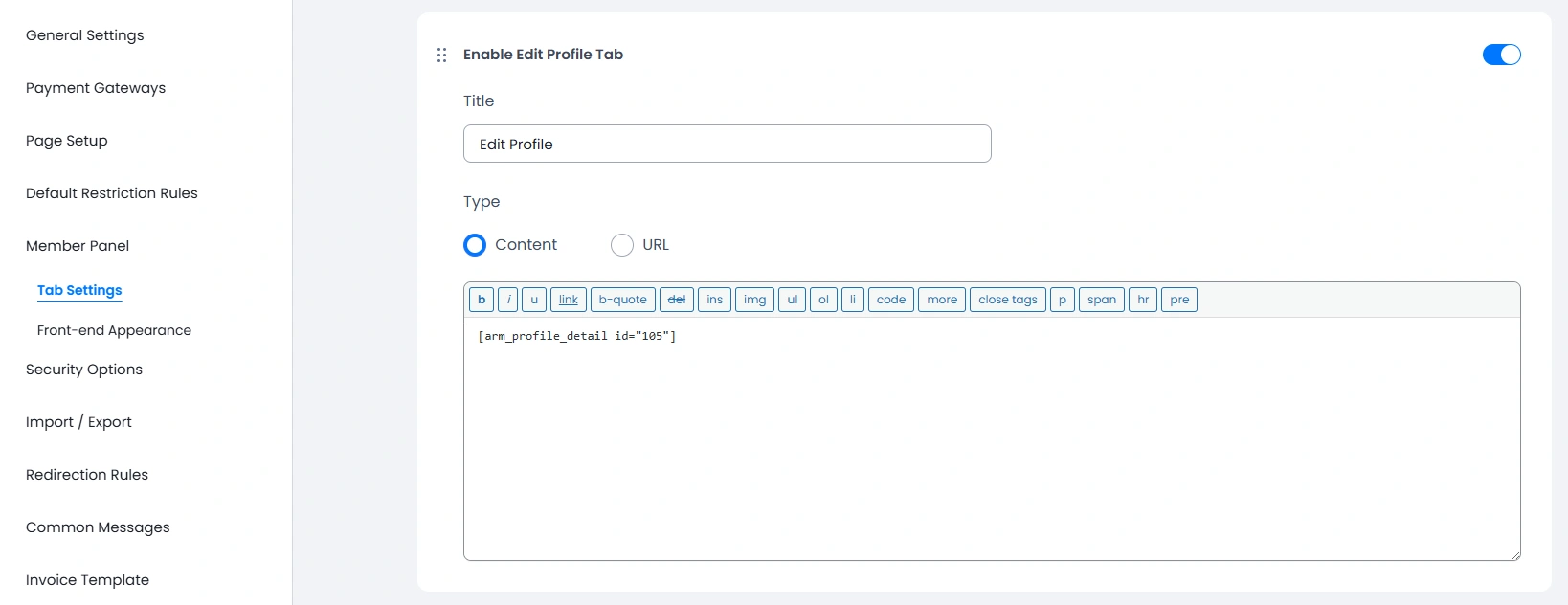 ARMember Member Panel Edit Profile Tab