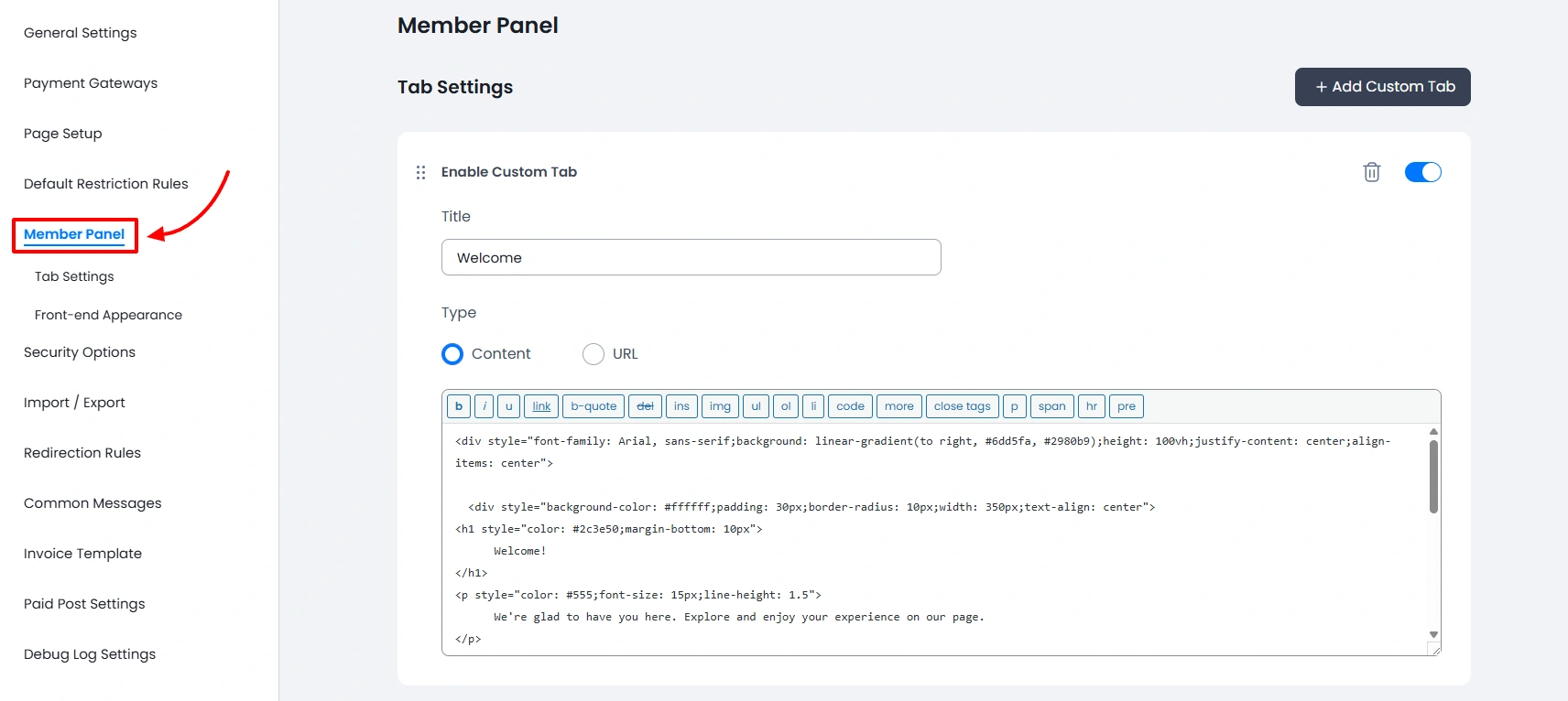 ARMember Member Panel Settings