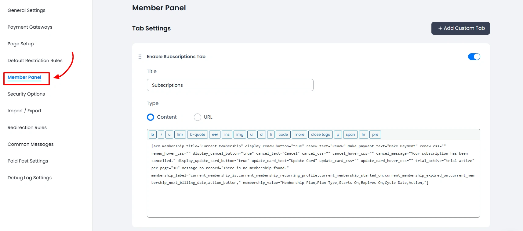 ARMember Member Panel Settings