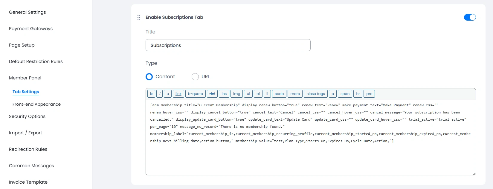 ARMember Member Panel Subscriptions Tab