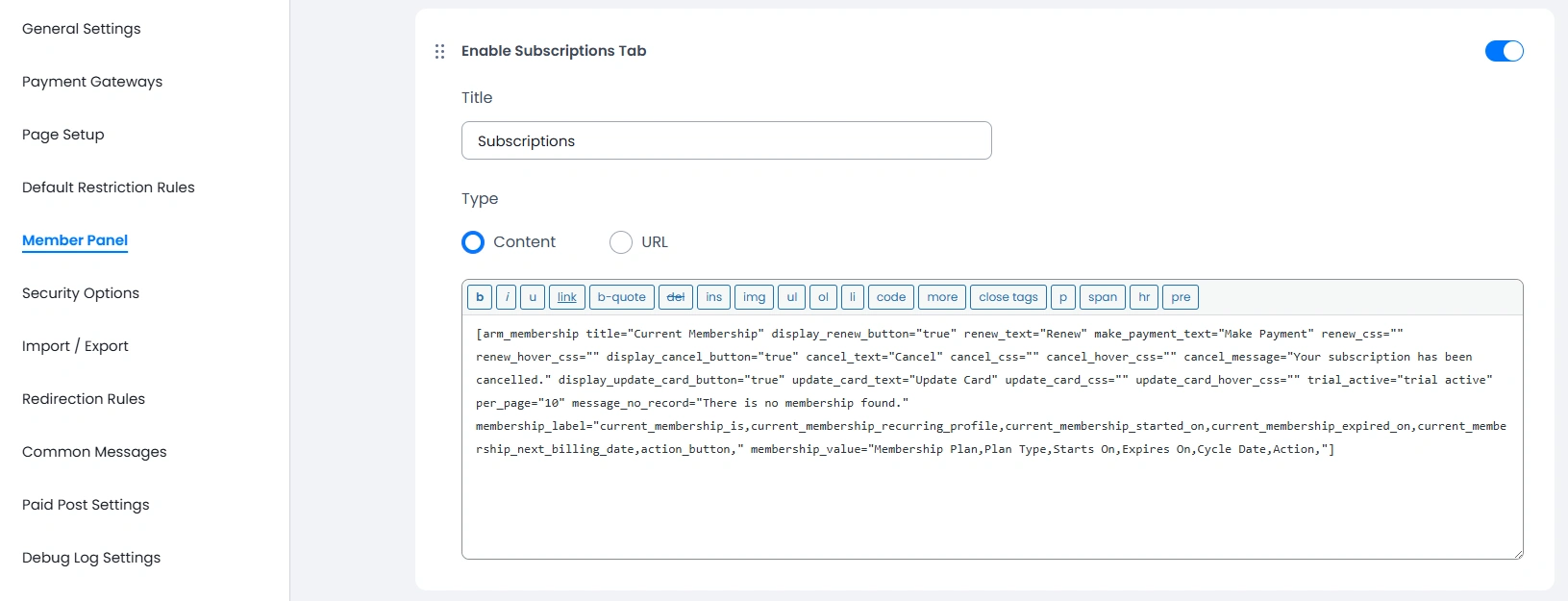 ARMember Member Panel Subscriptions Tab